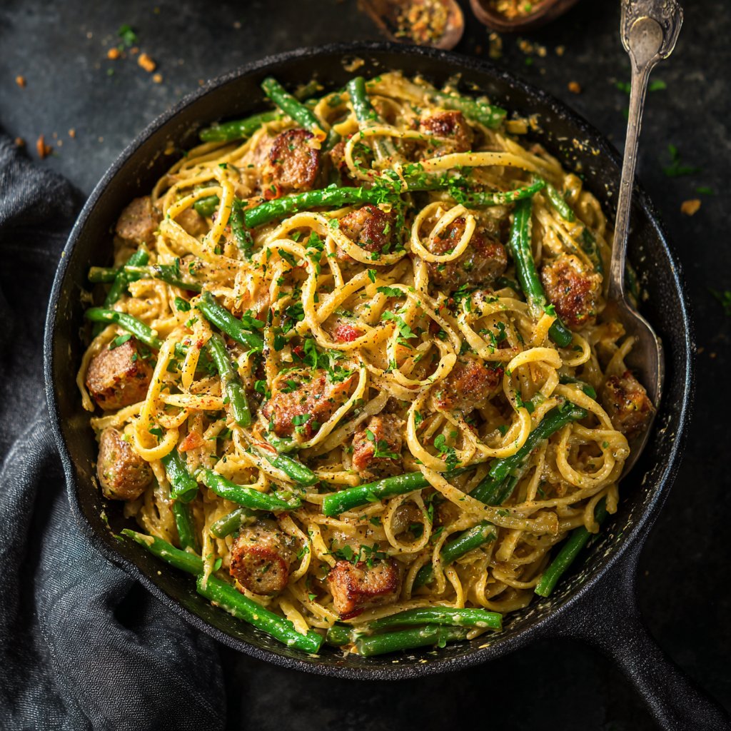 One Pot Cajun Sausage Pasta with Green Beans